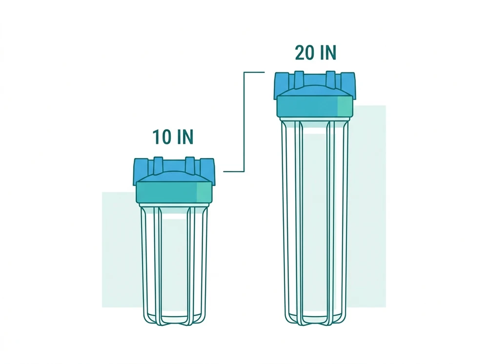 Big Blue whole-house filter 10 inch vs 20 inch housing size comparison diagram