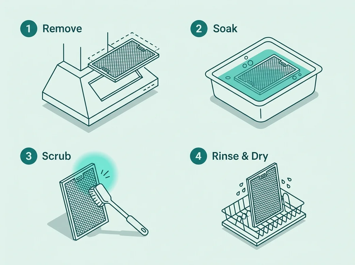 Illustrated 4-step diagram showing how to clean a range hood grease filter: remove, soak, scrub, and rinse and dry