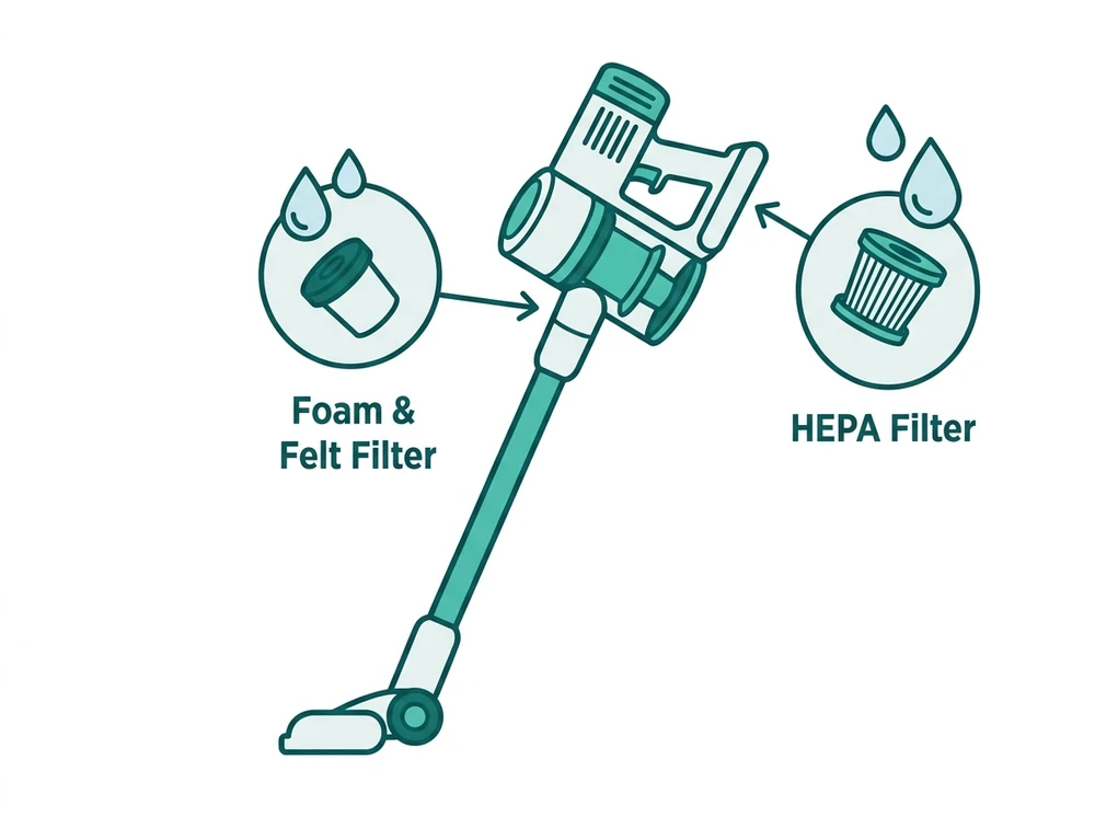Diagram showing the foam and felt pre-motor filter and the HEPA post-motor filter locations on a Shark vacuum, with water-droplet icons indicating rinsing