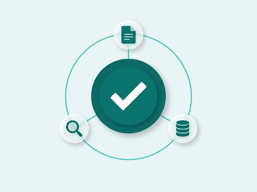 Checkmark badge icon surrounded by document, magnifying glass, and database icons representing filter compatibility verification