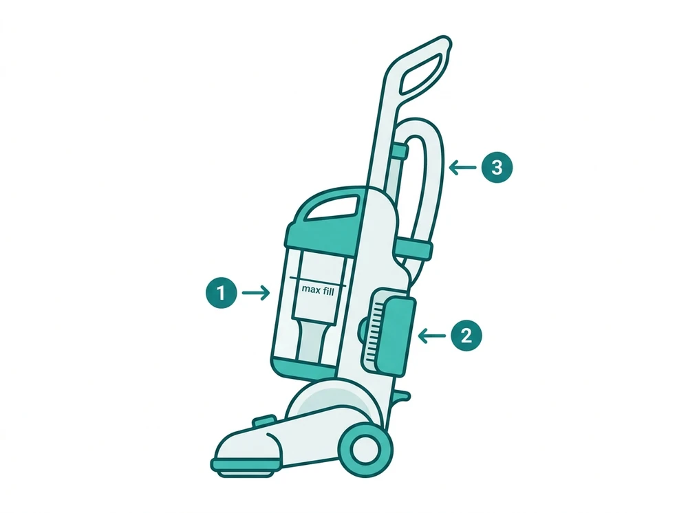 Diagram of a Shark vacuum with no suction, showing the three most common causes: the dust cup max-fill line, the filter housing, and the hose-to-wand connection