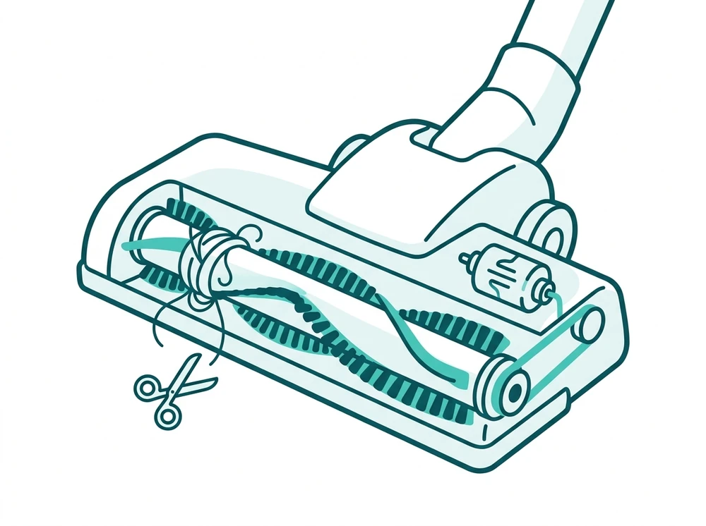 Diagram of a Shark vacuum brush roll with hair tangled around it, a drive belt, and scissors indicating how to clear the most common cause of a roller not spinning