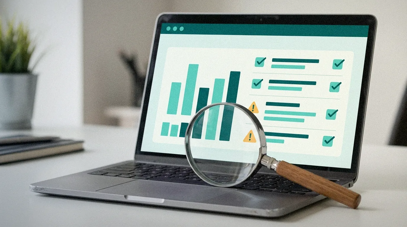 Illustration of a laptop showing an abstract technical SEO audit dashboard with a magnifying glass highlighting a flagged issue