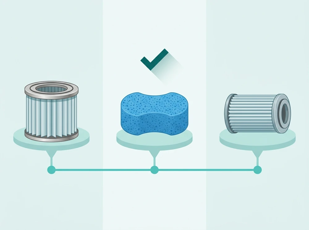 Comparison diagram of HEPA drum, foam, and cartridge vacuum filter types with the correct match highlighted