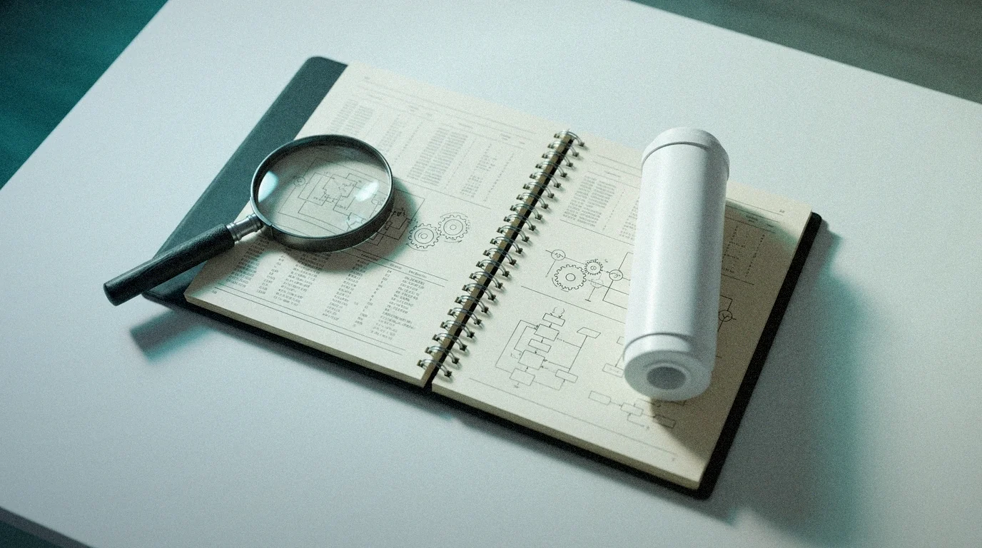 Overhead flat-lay of a verification workspace with a reference binder, magnifying glass, and water filter cartridge, representing FilterFitNow's compatibility-checking process