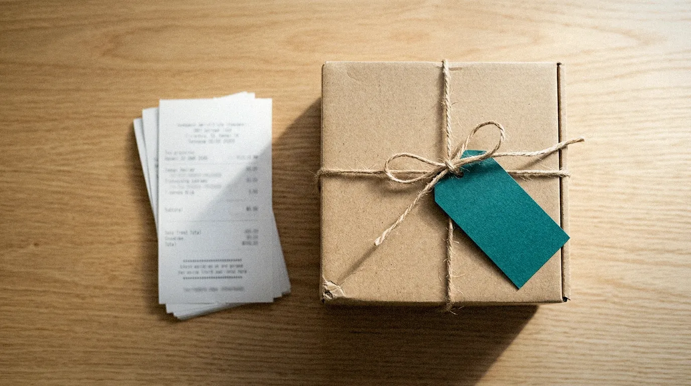 A product box with a price tag next to printed receipts, representing affiliate link disclosure