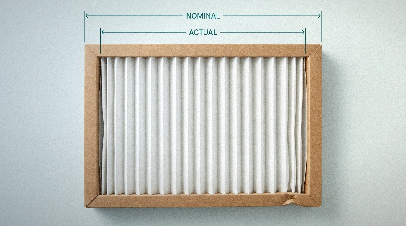 Air filter size chart diagram showing nominal vs. actual dimensions on a pleated furnace filter