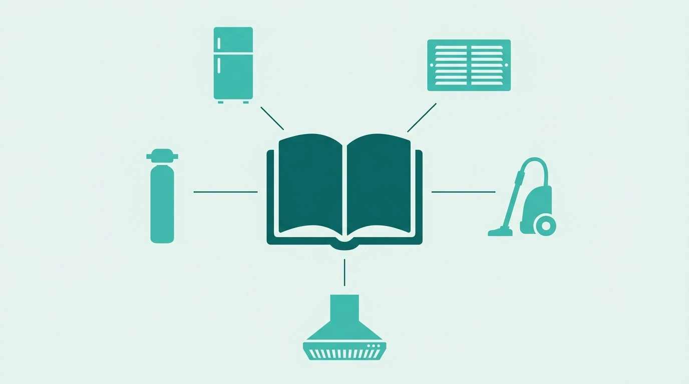 Directory illustration connecting a guide book to icons for refrigerator, HVAC, vacuum, water filter, and range hood categories