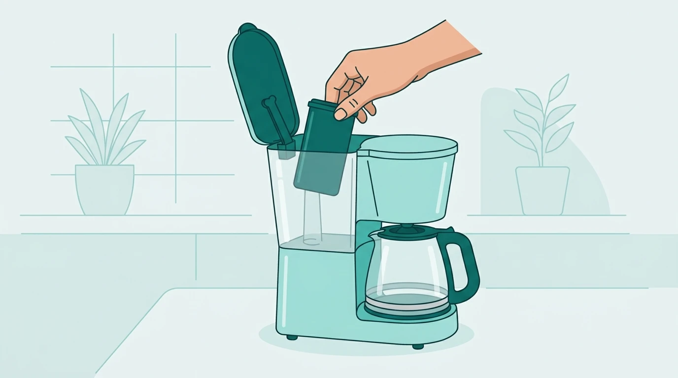Hand placing a charcoal water filter cartridge into the reservoir of a drip coffee maker