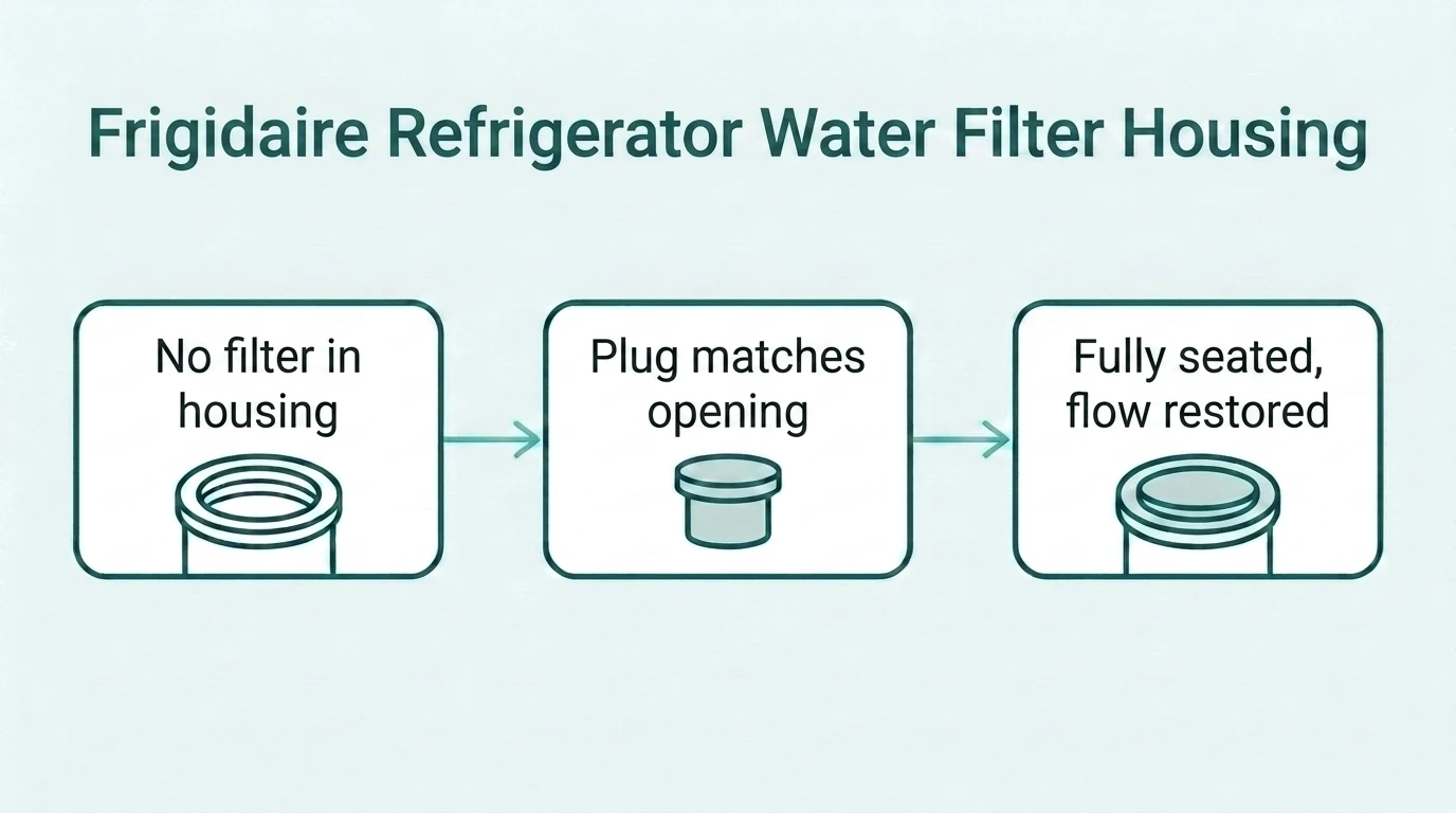 Three-panel diagram: Frigidaire filter housing with no filter installed, a plug matching the housing opening, and the plug shown fully seated