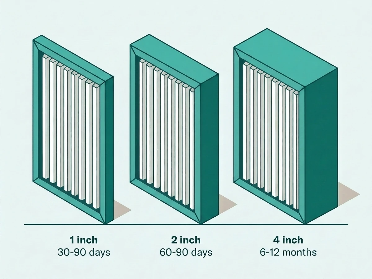 Three furnace filters side by side showing 1-inch, 2-inch and 4-inch thickness with their replacement intervals