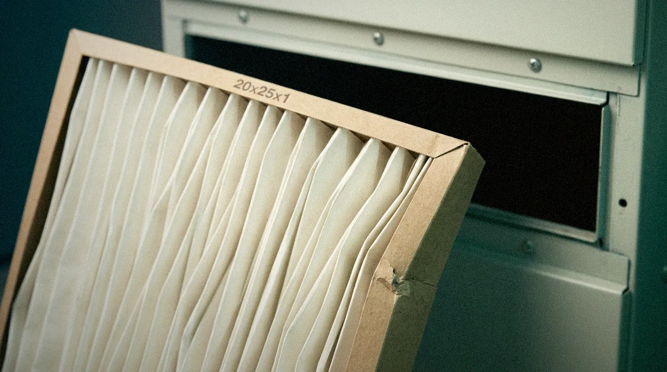 Pleated furnace air filter positioned at the open metal filter slot of a home furnace cabinet, showing the pleat texture and cardboard frame