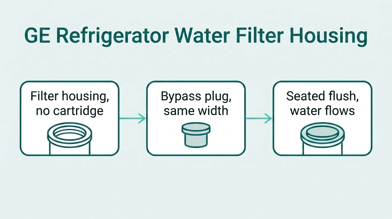 Three-panel diagram: GE filter housing with no cartridge, a same-width bypass plug, and the plug shown seated flush in the housing