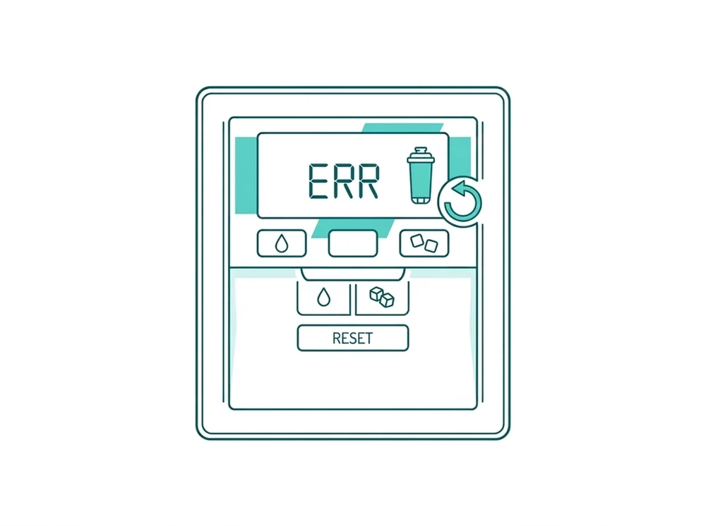 GE refrigerator dispenser display showing the ERR code that can appear after a filter change, next to the reset button