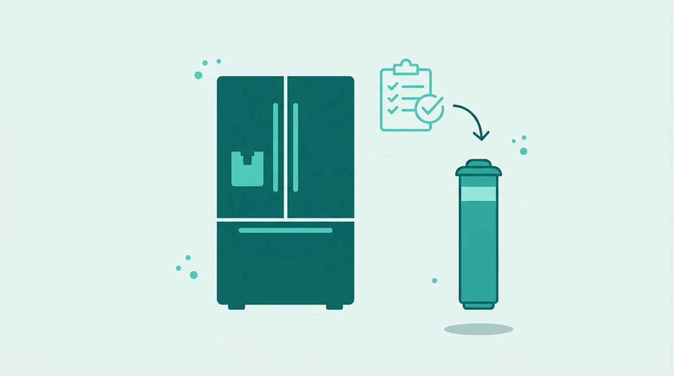 Illustration of a French-door refrigerator with a checklist and arrow pointing to a matching water filter cartridge