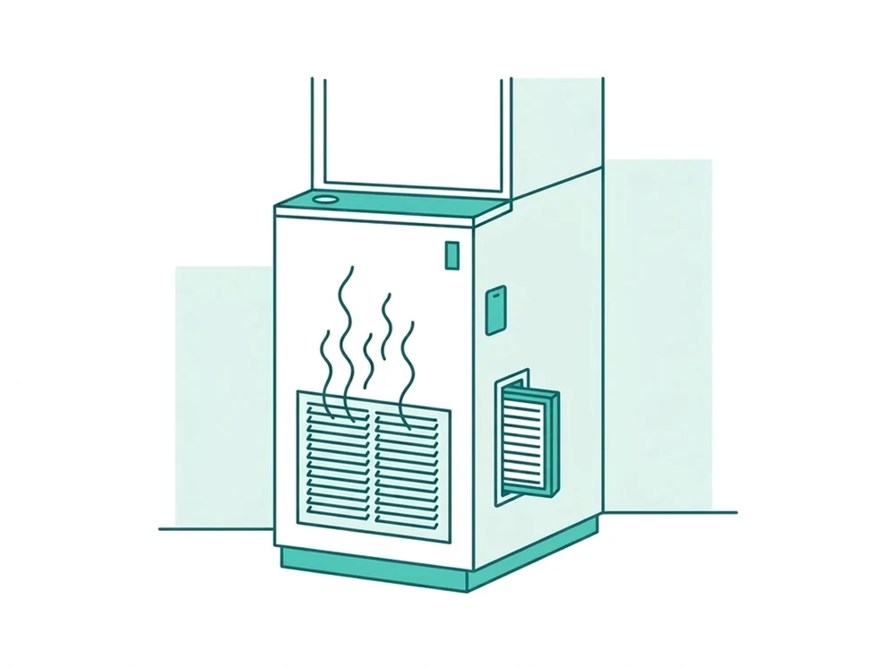 Furnace diagram showing why heat smells musty when turned on, with odor lines rising from the vent and the air filter pulled out