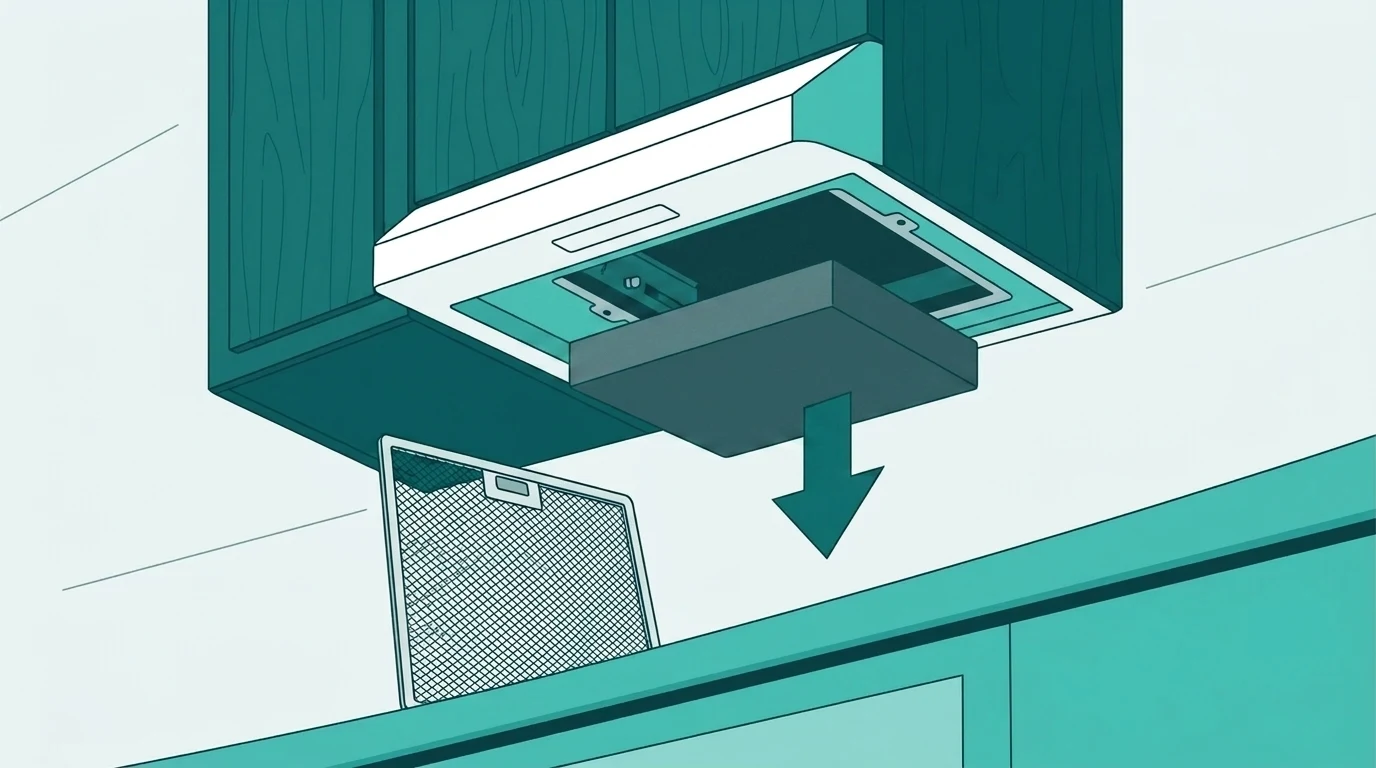 Diagram showing a range hood charcoal filter being pulled out for replacement