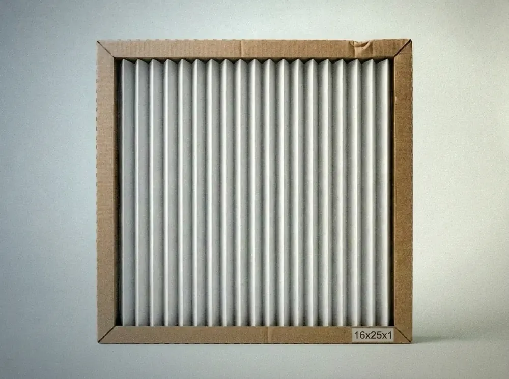 Pleated HVAC air filter in cardboard frame, front view showing pleat texture