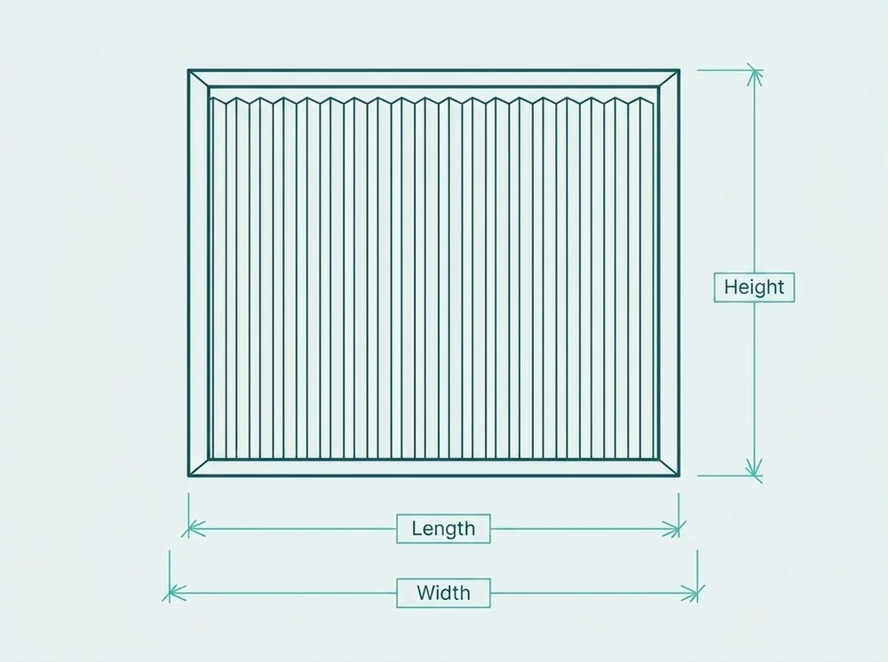 Technical diagram showing length, width, and depth measurement lines for an HVAC air filter