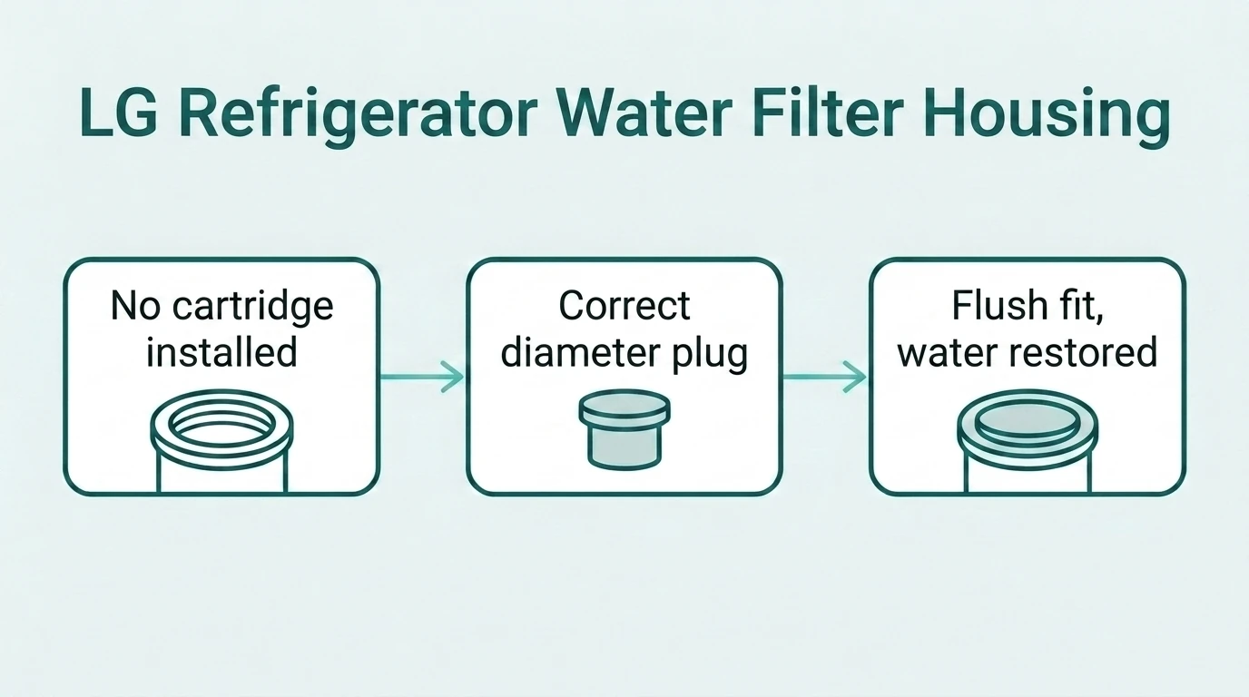 Three-panel diagram: LG filter housing with no cartridge installed, a correct-diameter bypass plug, and the plug shown fitted flush in the housing