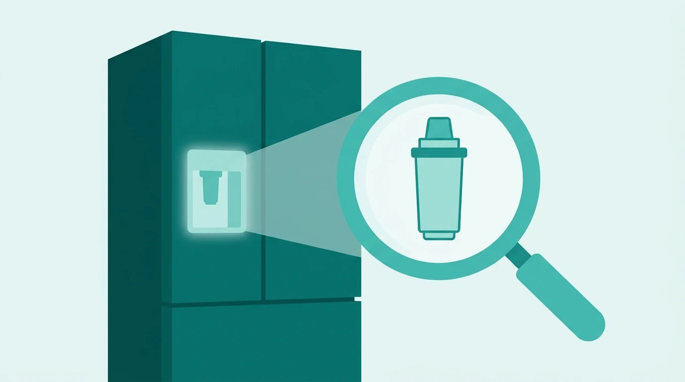 Illustration of a refrigerator water dispenser with a magnifying glass highlighting a matching filter cartridge