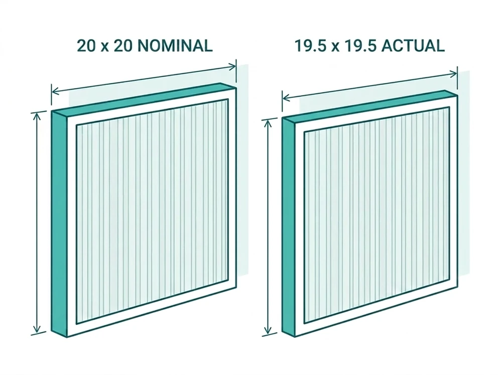 Diagram comparing nominal vs actual filter size, showing a 20x20 nominal HVAC filter next to its smaller 19.5x19.5 actual dimensions