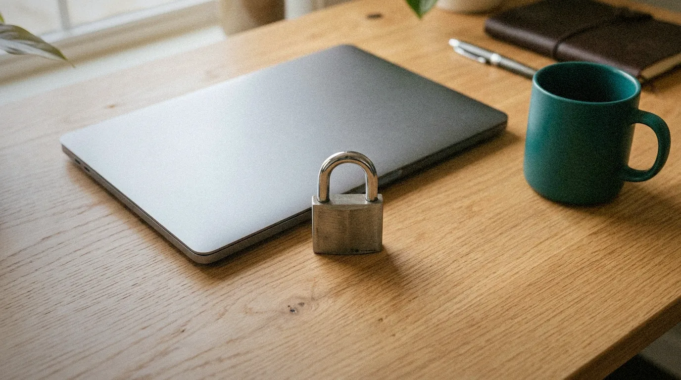 A padlock and closed laptop on a desk, representing privacy and data protection
