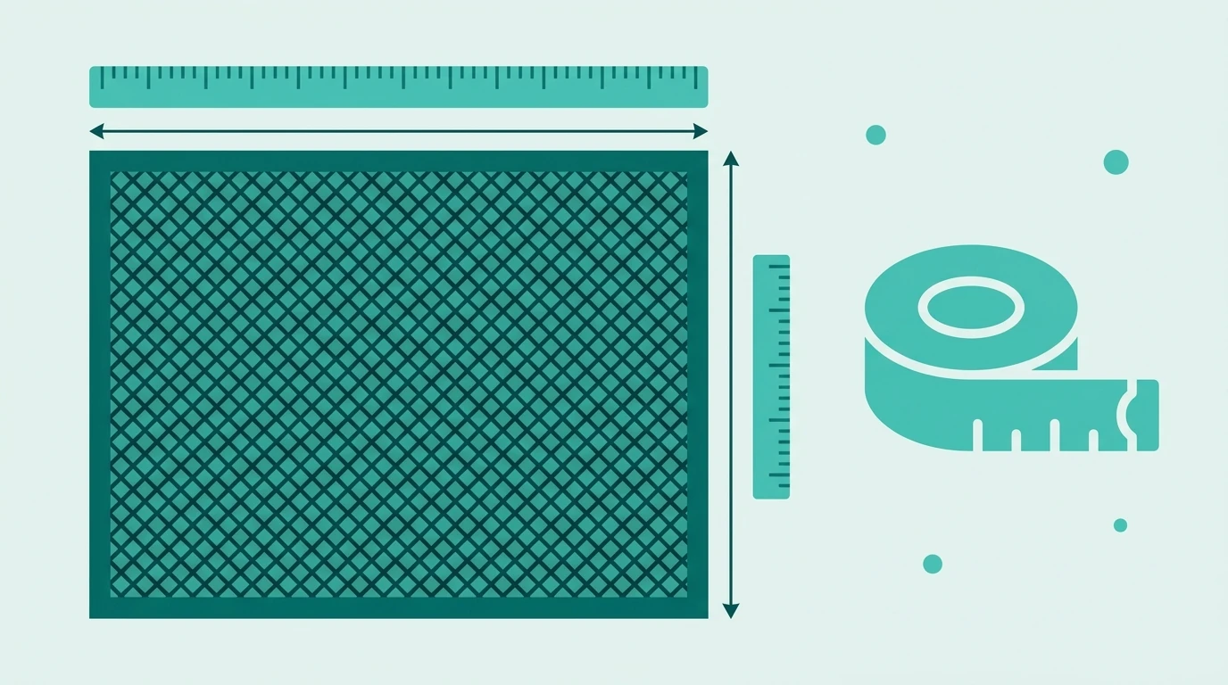 Diagram showing a range hood mesh filter with width and height measuring tape guides