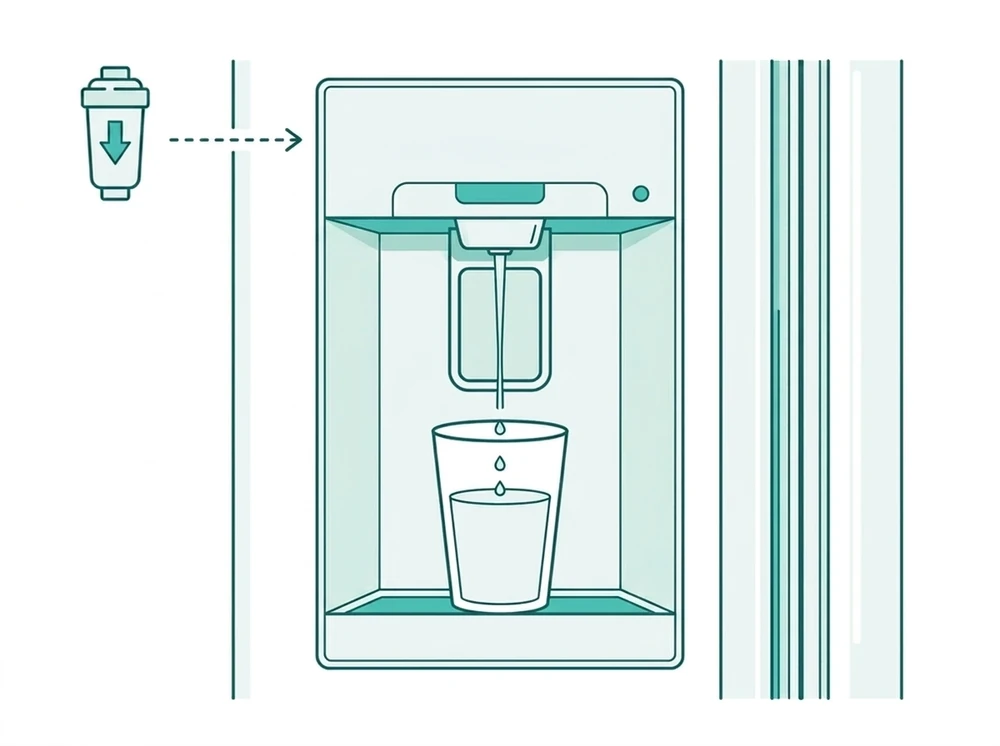 Refrigerator water dispenser slow after filter change diagram showing a thin, slow water stream from the dispenser spout