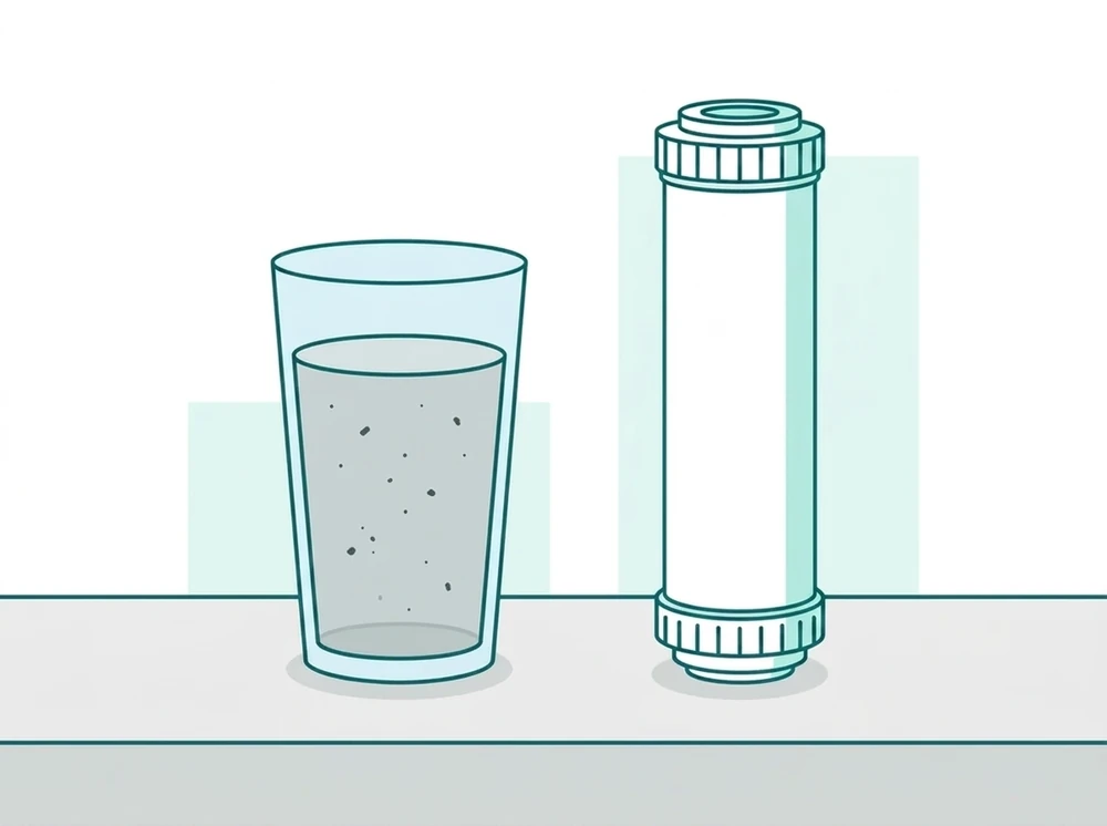 Refrigerator water filter cloudy black water diagram showing discolored water next to the filter cartridge