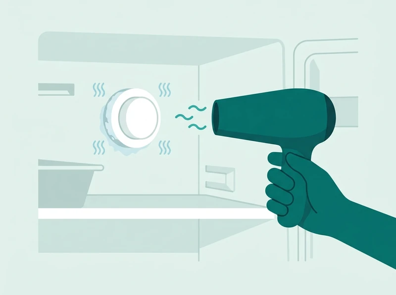 Illustration of a hair dryer aimed at a frozen push-button refrigerator water filter release collar to thaw it