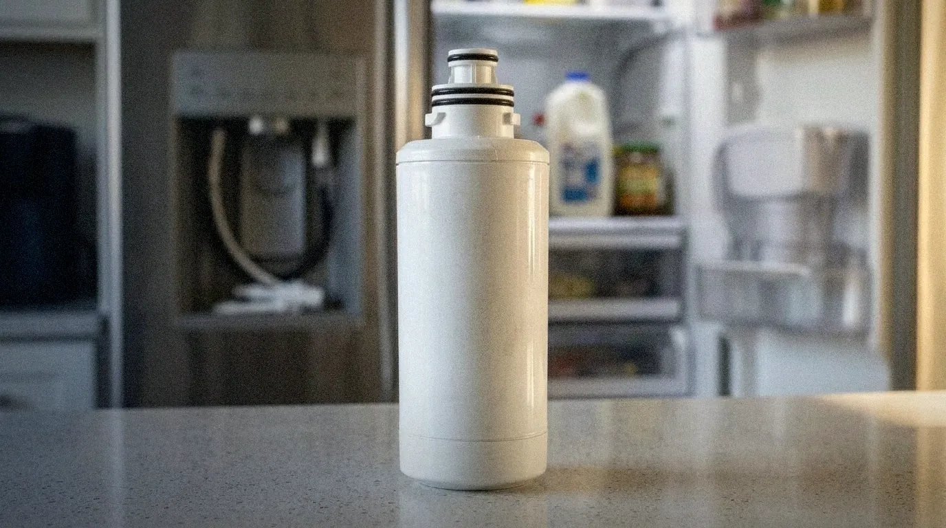New refrigerator water filter cartridge on a kitchen counter in front of the fridge dispenser, ready to replace on schedule
