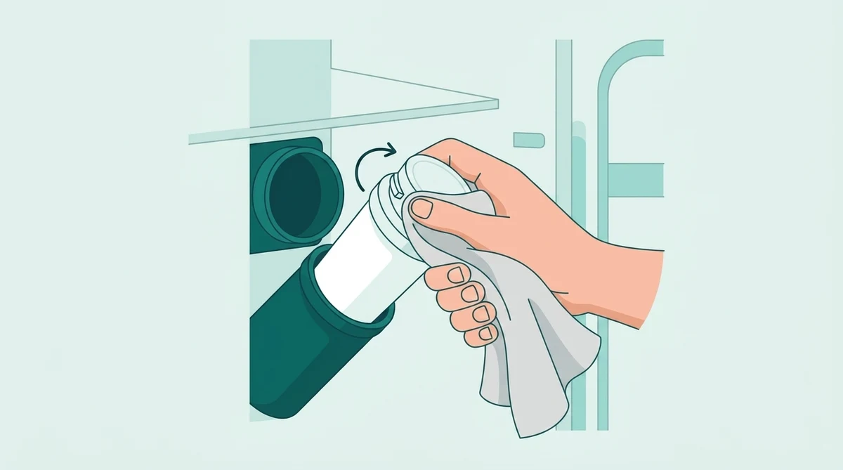 Illustration of a towel-wrapped hand twisting a refrigerator water filter cartridge counterclockwise out of its housing