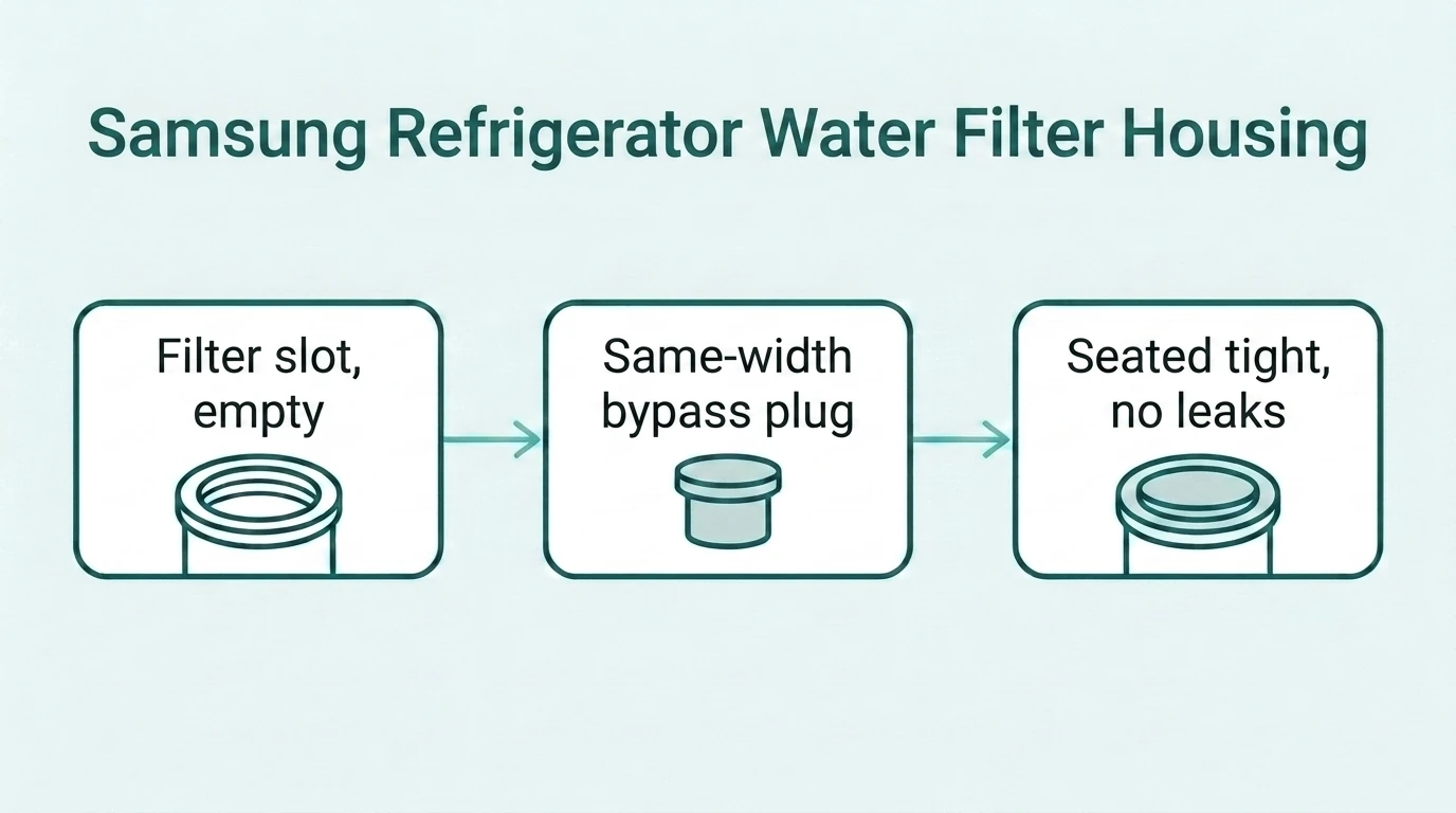 Three-panel diagram: empty Samsung filter slot, a same-width bypass plug, and the plug shown seated tight in the slot