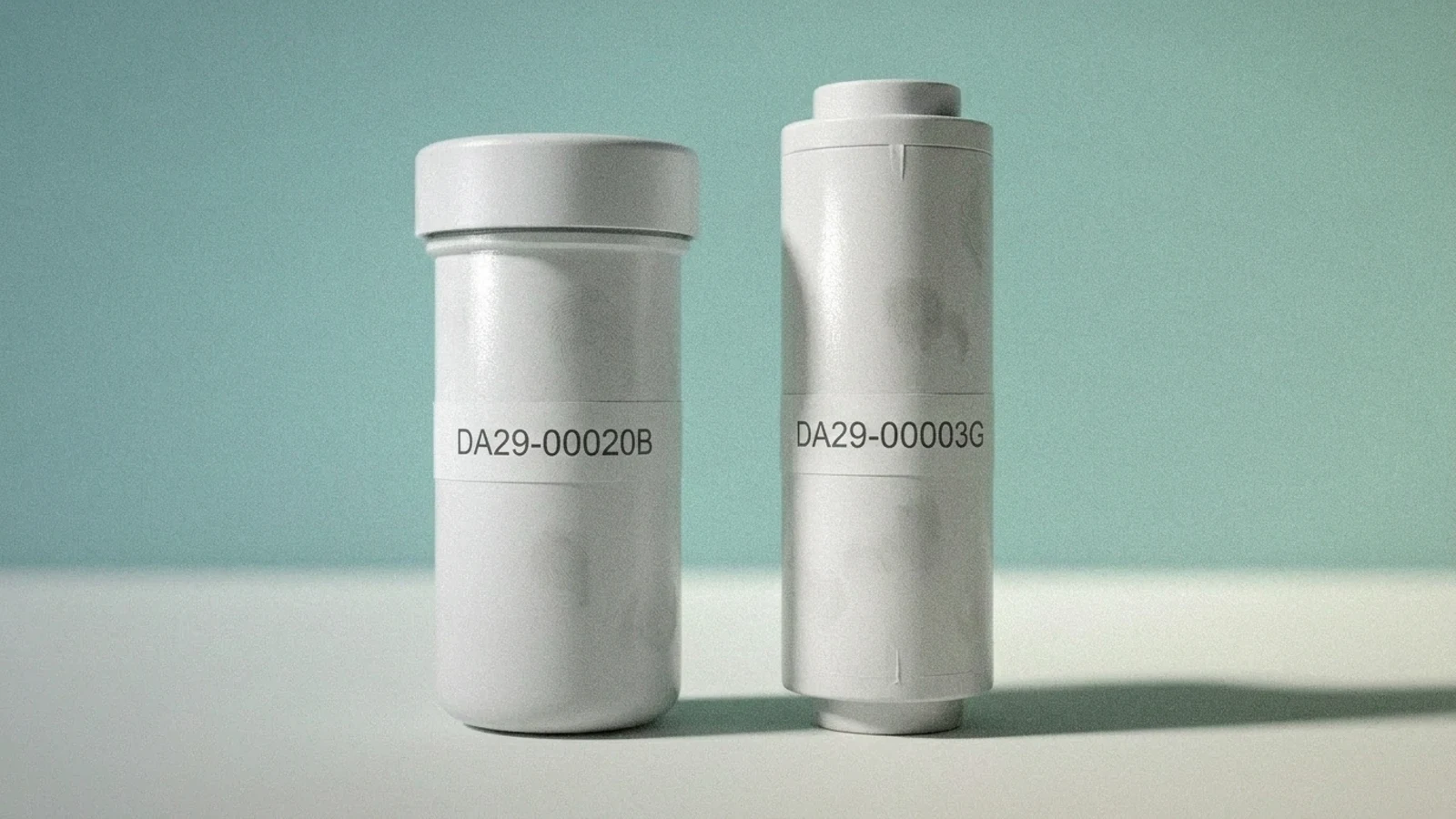 Two unbranded refrigerator water filter cartridges representing Samsung DA29-00020B and DA29-00003G filter compatibility