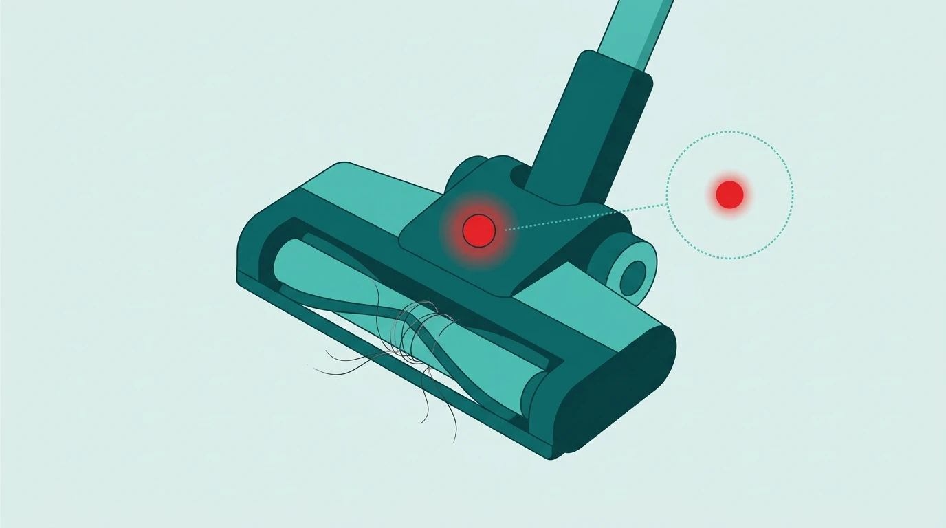Diagram of a Shark vacuum floor nozzle with a glowing red brush-roll indicator light and hair tangled around the brush roller