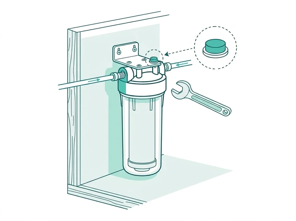 Diagram of a stuck under-sink water filter housing showing how to release pressure before removal
