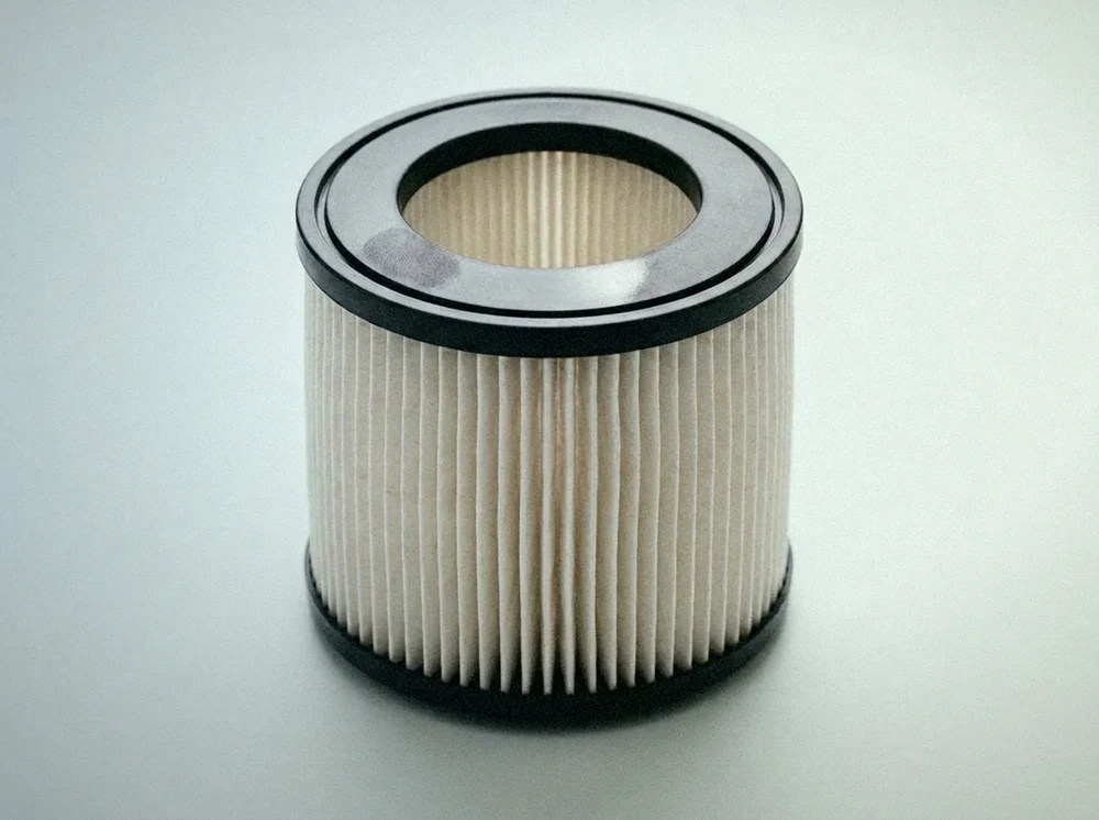 HEPA vacuum cleaner canister filter with pleated mesh cylinder and black end cap