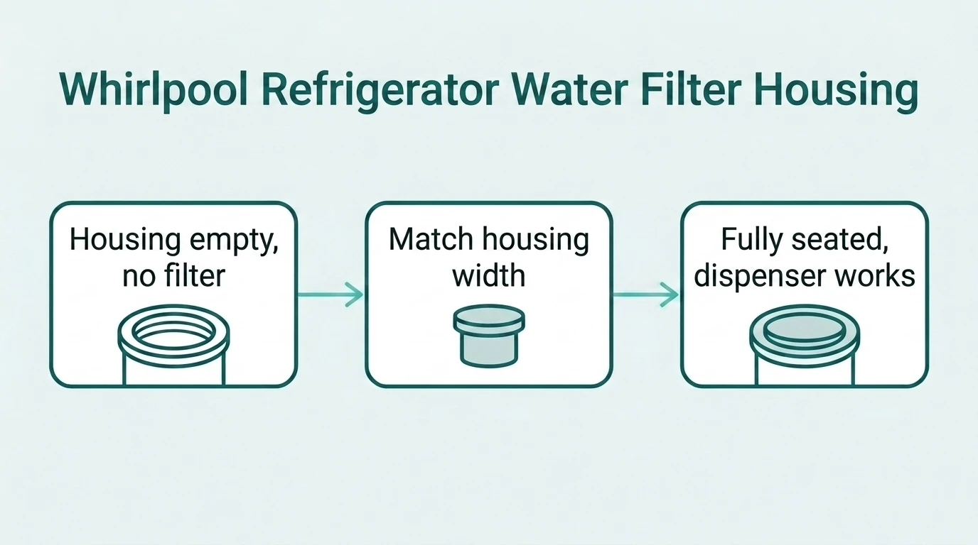 Three-panel diagram: empty Whirlpool filter housing, a plug matching the housing width, and the plug shown fully seated