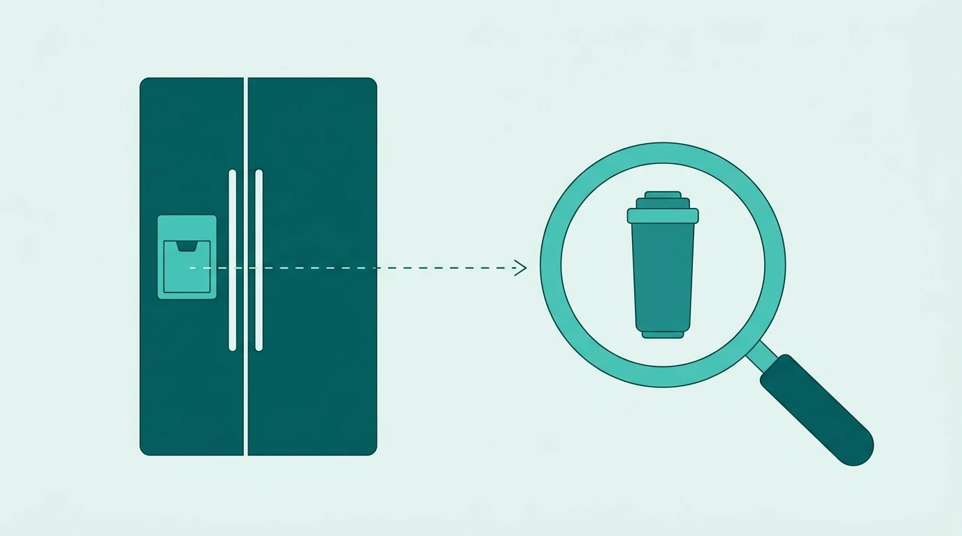 Illustration of a side-by-side refrigerator with an arrow pointing to a matching water filter cartridge