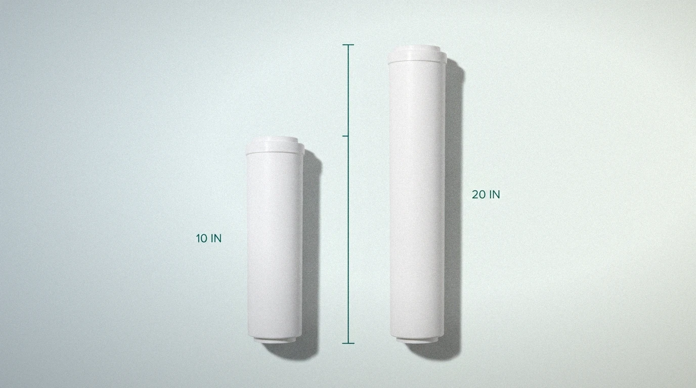 Side-by-side size comparison of 10-inch and 20-inch whole house water filter cartridges