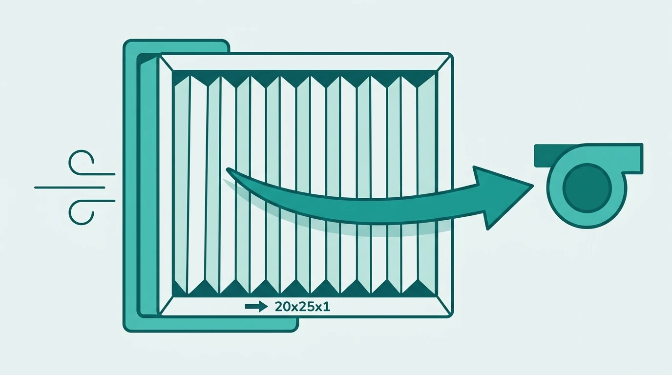 Diagram showing airflow arrow direction through a pleated furnace filter toward the blower